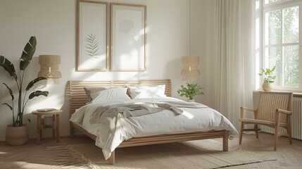 nordic bedroom design, a calming nordic bedroom featuring a soft color scheme, white walls, and light wood furniture, evoking a tranquil ambiance