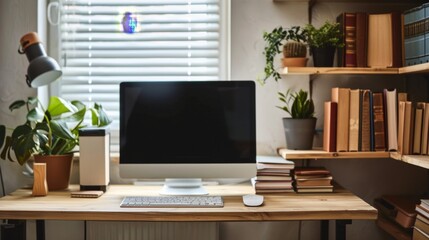 Wooden Desk with Computer and Books.