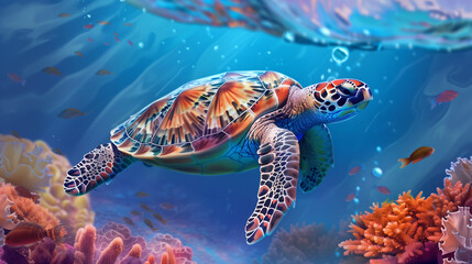 Obraz premium Underwater Scene: Sea Turtle Swimming Among Coral Reef