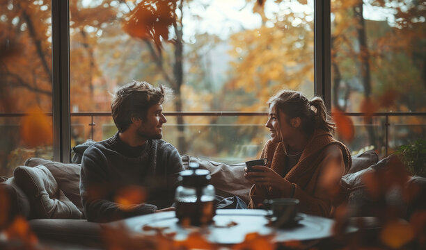 A man and woman chat while sitting on a couch near a window overlooking fall foliage.