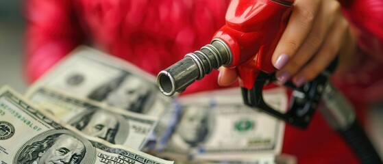 Fototapeta premium Woman holding a gas nozzle with dollar bills flowing out, oil price rise, personal finance impact,