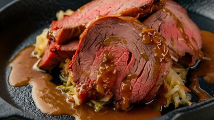 Traditional braised marinated German Sauerbraten from beef with blue kraut in spicy brown sauce as closeup in a modern design cast iron plate