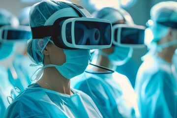 Surgeons in a group wearing virtual reality glasses while performing surgery, Doctors using virtual reality to perform surgery with pinpoint accuracy