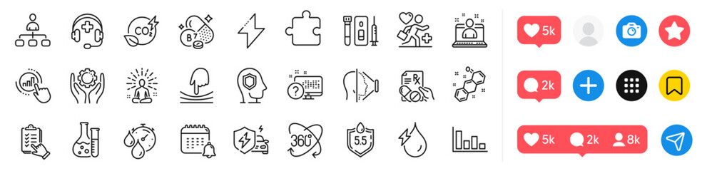 Medical support, Calendar and Chemistry lab line icons pack. Social media icons. Elastic, Patient, Puzzle web icon. Chemical formula, Yoga, Management pictogram. Vector