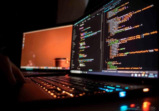 Software developer writing code on laptop keyboard at night