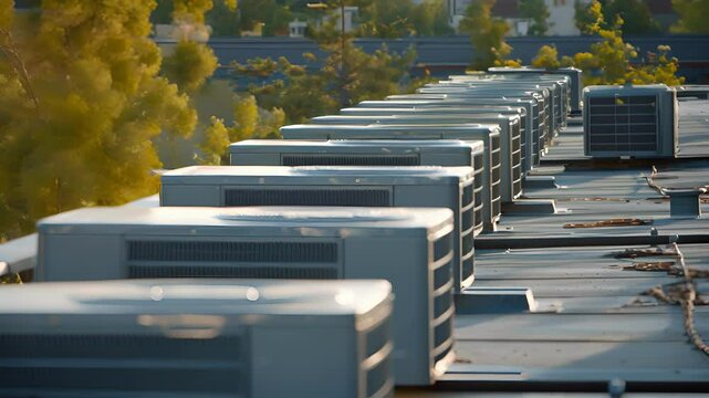 A sunny rooftop with a line of solarpowered air conditioning units harnessing the abundant energy of the sun.
