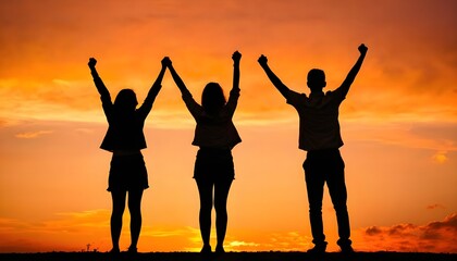 Fototapeta premium Group Celebrates in Silhouette Against Sunset, silhouette of a person with a raised hands