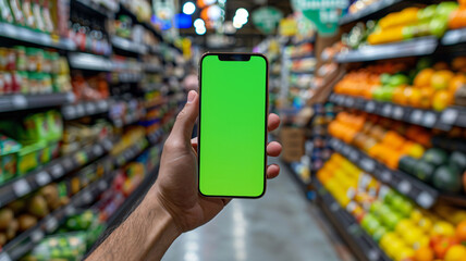 person holding a smartphone with green screen at the grocery store.