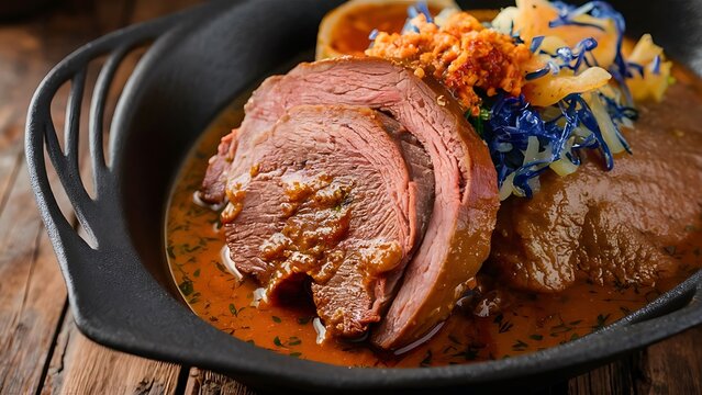 Traditional braised marinated German Sauerbraten from beef with blue kraut in spicy brown sauce as closeup in a modern design cast iron plate