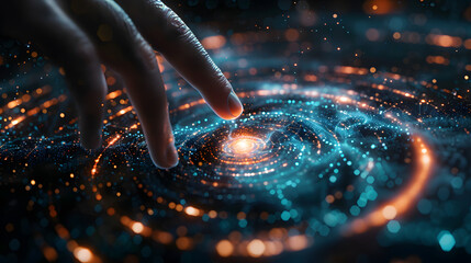 Hand engaging with a futuristic digital interface showcasing vibrant holographic elements and glowing data points in an immersive, high-tech environment.