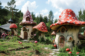 A fairytale-like village where all the houses are made from oversized mushrooms and flowers.