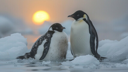 Four Emperor Penguins Standing Together in Snow at Sunrise

