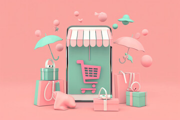 Fototapeta premium 3d Rendering Of An Ecommerce App With Smartphone And Paper Box For Online Shopping Background
