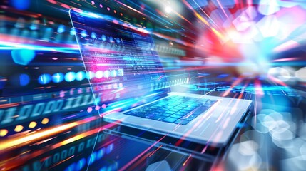 Laptop displaying code over a circuit board background