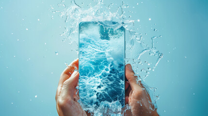 Fototapeta premium mobile phone with a ocean wallpaper in hand, hand with water splash, blue background, holding smartphone, summer vibe 