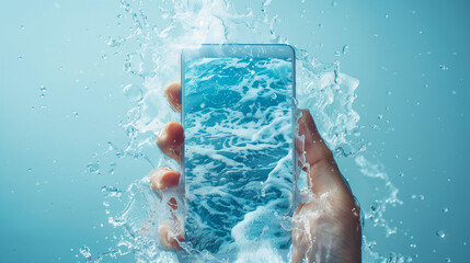 Fototapeta premium mobile phone with a ocean wallpaper in hand, hand with water splash, blue background, holding smartphone, summer vibe 