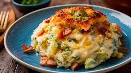 Colcannon, traditional Irish dish with mashed potatoes, bacon and cabbage