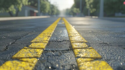Wet road with yellow double lines and blurred background