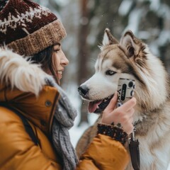 A woman is holding a camera and smiling at a dog. The dog is wearing a collar and he is enjoying the attention. The woman is wearing a hat and a jacket