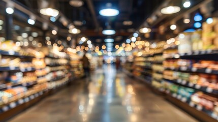 Obraz premium Blurred view of well-lit grocery store aisles