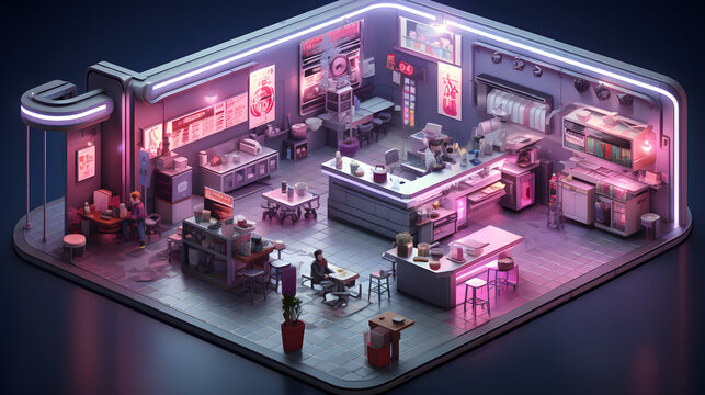A 3D isometric render of a retro-futuristic diner with pink neon lights in a dark setting. There are a few customers and staff inside the diner.
