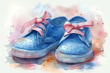 A peaceful watercolor illustration of a pair of baby shoes with tiny bows, positioned gently on a white background