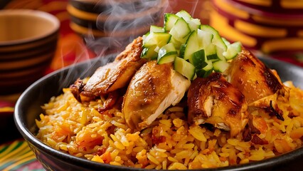 A bowl of tasty African Jollof Rice garnished with some chopped cucumbers and pieces of roasted chicken