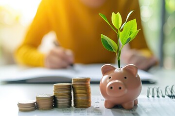 Savings and Investment Symbolism: Coin Stack and Piggy Bank