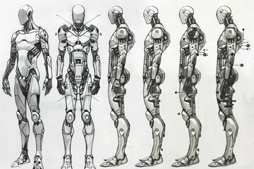 Collection of drawings showcasing various poses and designs of a futuristic humanoid robot, Draw a sci-fi inspired image of humans enhanced with nanotech implants