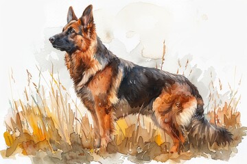 An elegant watercolor illustration of a majestic German shepherd dog with alert ears, depicted nobly on a white background