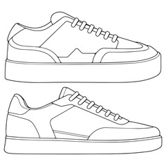set of outline Cool Sneakers. Shoes sneaker outline drawing vector, Sneakers drawn in a sketch style, sneaker trainers template outline, Set Collection. vector Illustration.