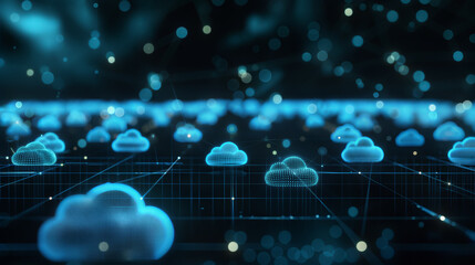 Abstract Cloud Computing Network, Neon Blue, Digital Technology Concept