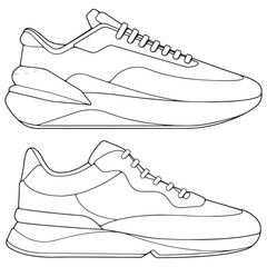 set of outline Cool Sneakers. Shoes sneaker outline drawing vector, Sneakers drawn in a sketch style, sneaker trainers template outline, Set Collection. vector Illustration.