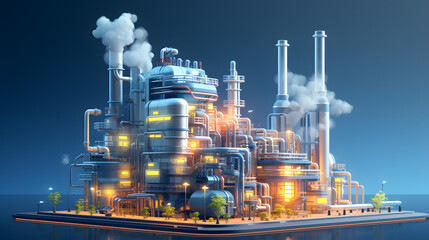 A futuristic, brightly lit factory sits on a platform in the middle of water, with smoke billowing from its towering chimneys against a blue sky.