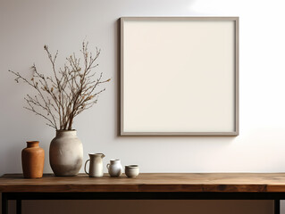 Minimalist home decor with dried branches in vases and framed blank artwork on a wooden table.