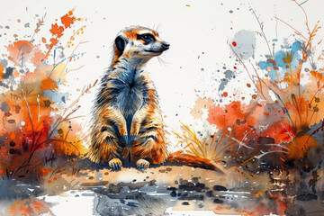 A whimsical watercolor illustration of a curious meerkat with a vigilant posture and expressive eyes, depicted playfully on a white background