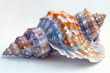 A whimsical watercolor illustration of a delicate seashell with intricate patterns, placed gracefully on a white background