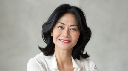 Fototapeta premium Confident Thai MiddleAged Woman Smiling in Casual White Shirt Ideal for Professional Profiles and Personal Branding