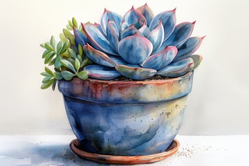 A vibrant watercolor illustration of a tiny succulent plant in a decorative pot, placed beautifully on a white background