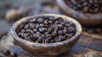 Fototapeta premium Close-Up of Coffee Beans in Wooden Bowl