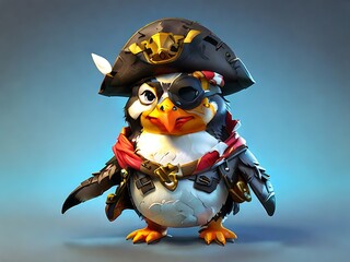 Design a 3D cartoon penguin pirate with an eye patch and whimsical attire.
