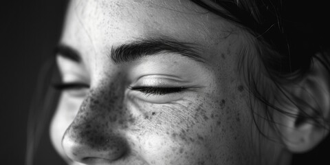 Fototapeta premium Close-up shot of a woman's face with distinct freckles, ideal for beauty and skincare products use