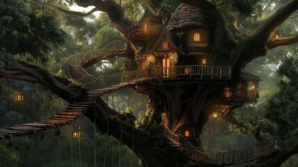 Obraz premium An elaborate treehouse nestled in the branches of a giant, twisting tree.