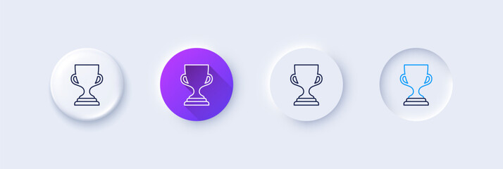 Award cup line icon. Neumorphic, Purple gradient, 3d pin buttons. Winner Trophy symbol. Sports achievement sign. Line icons. Neumorphic buttons with outline signs. Vector