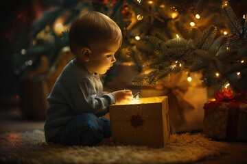 Christmas Child Opening Present: Happy Baby Boy Gazing at Magic Light in Box
