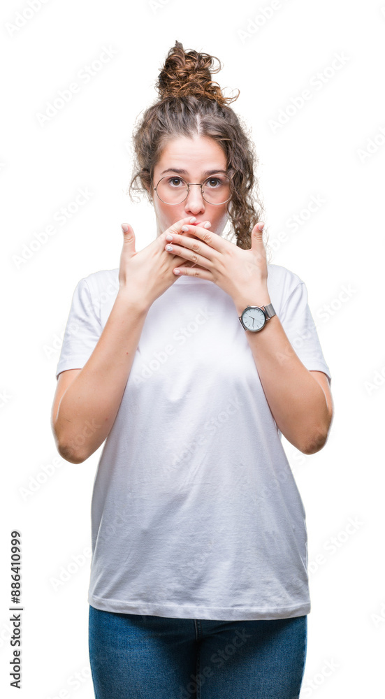 Poster beautiful young brunette curly hair girl wearing glasses over isolated background shocked covering m