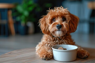 Happy Dog Sitting Beside Food Bowl