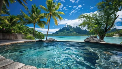 Obraz premium Tropical Paradise: Swimming Pool with Lagoon and Mountain Views