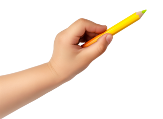 child hand holding a colorful crayon isolated cut out, cute kid hand