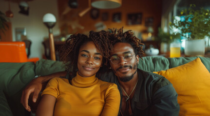 Fototapeta premium A couple smiles while sitting on a green couch in a living room.